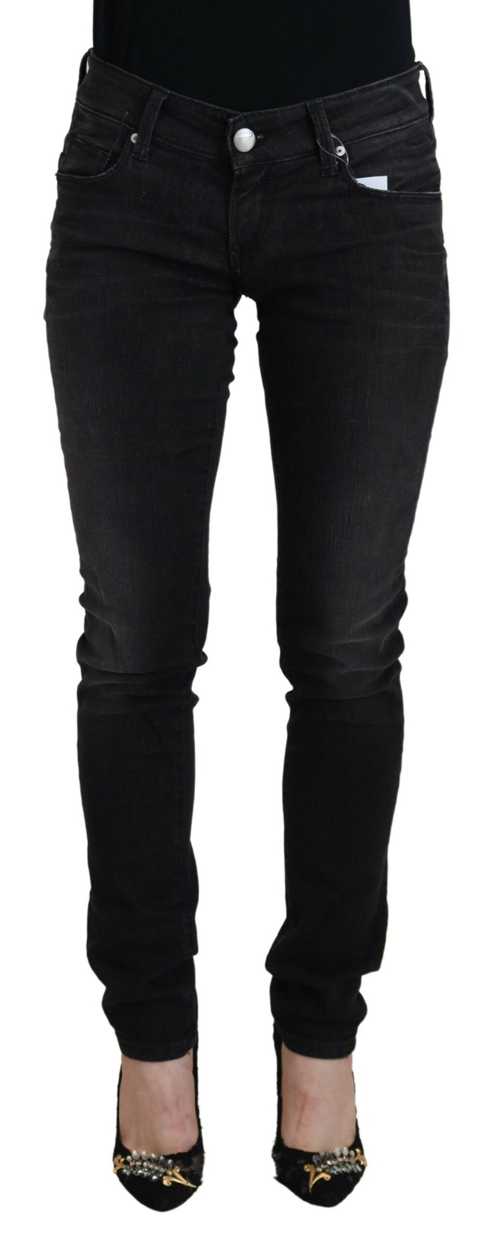 Schwarze Low-Waist Slim Fit Jeans für Damen aus Baumwolle