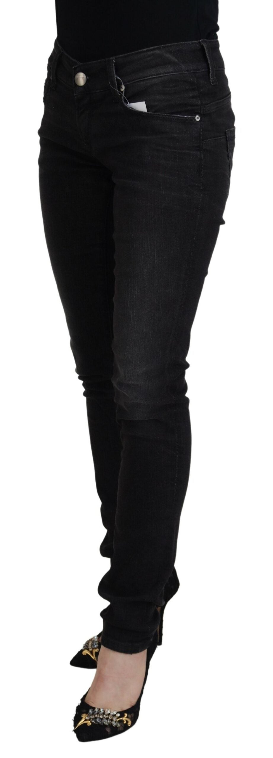 Schwarze Low-Waist Slim Fit Jeans für Damen aus Baumwolle