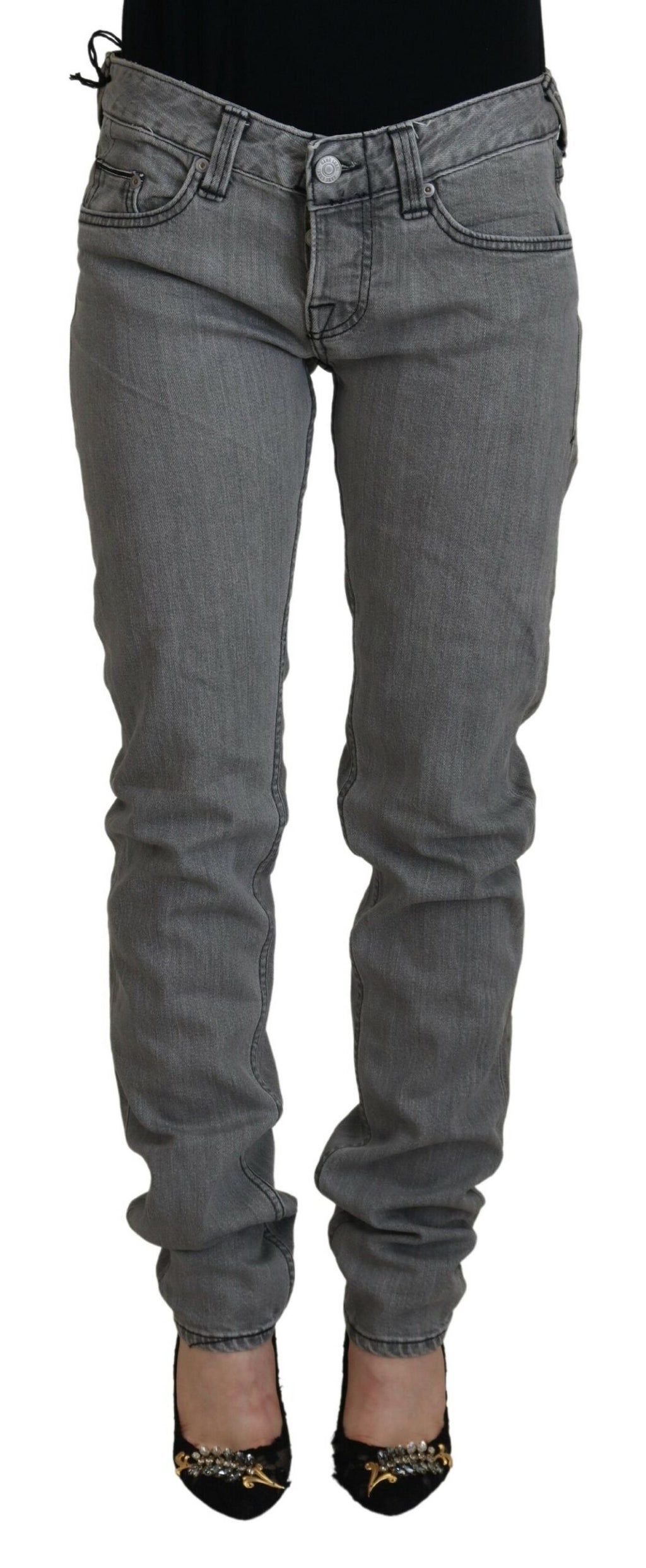 Graue Washed Cotton Skinny Damen Casual Jeans