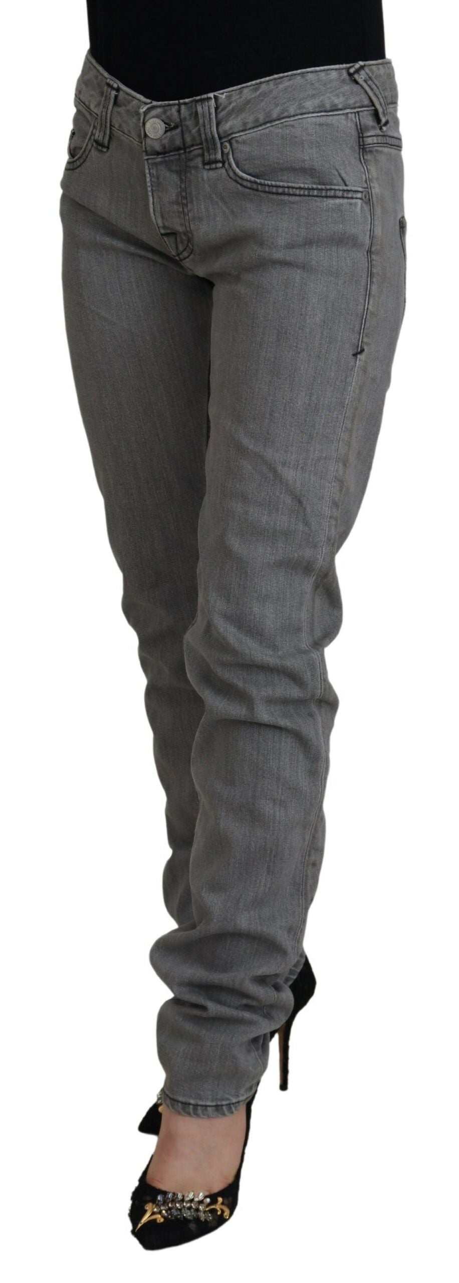 Graue Washed Cotton Skinny Damen Casual Jeans