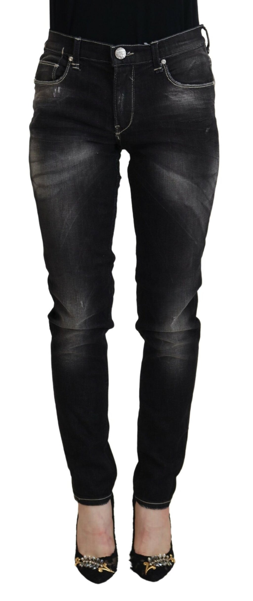 Schwarze Mid-Waist Tapered Damen Jeans im Used-Look