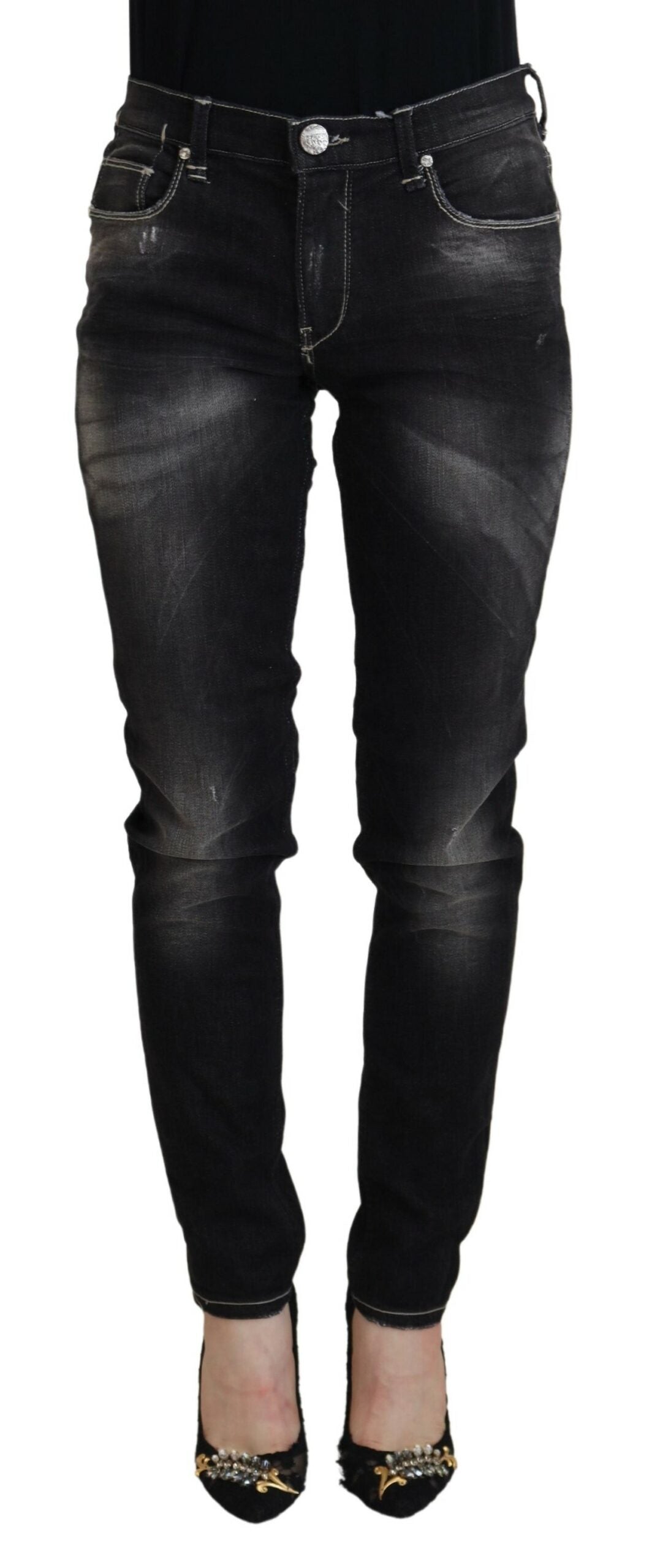 Schwarze Mid-Waist Tapered Damen Jeans im Used-Look