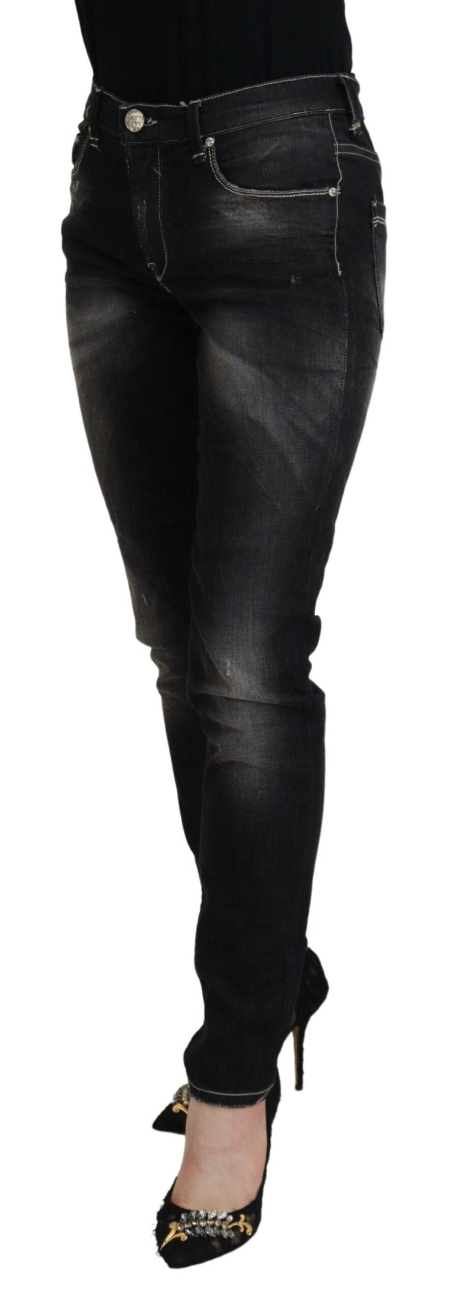 Schwarze Mid-Waist Tapered Damen Jeans im Used-Look