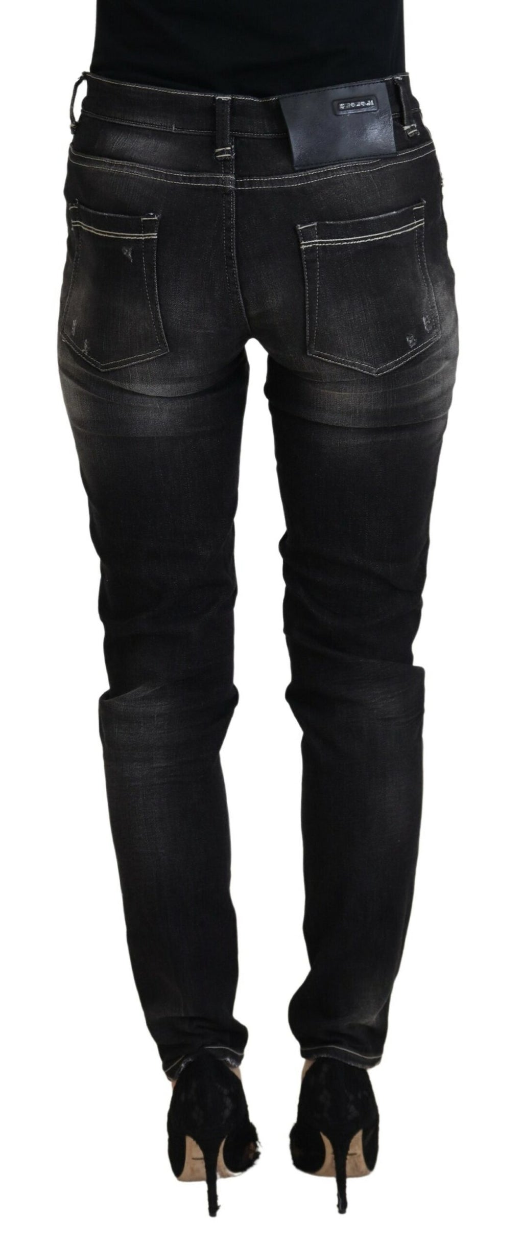 Schwarze Mid-Waist Tapered Damen Jeans im Used-Look