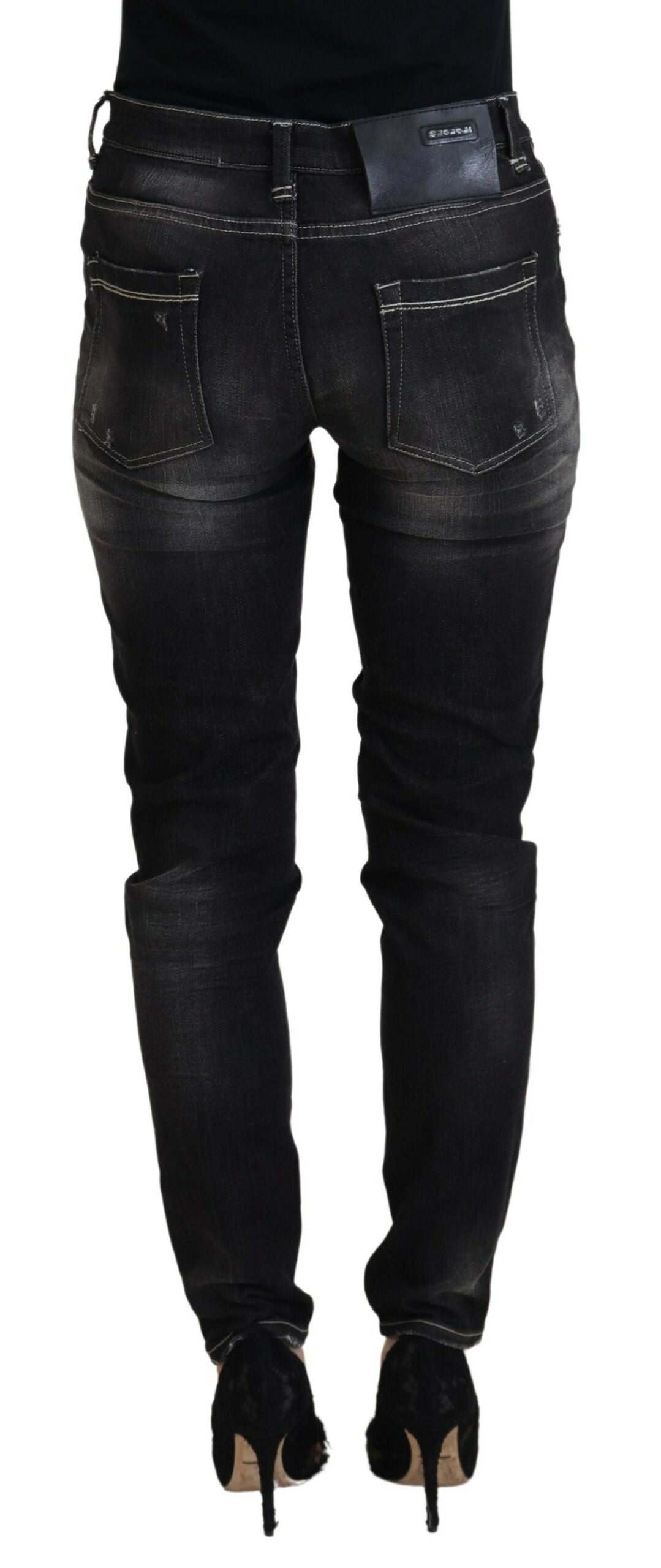 Schwarze Mid-Waist Tapered Damen Jeans im Used-Look
