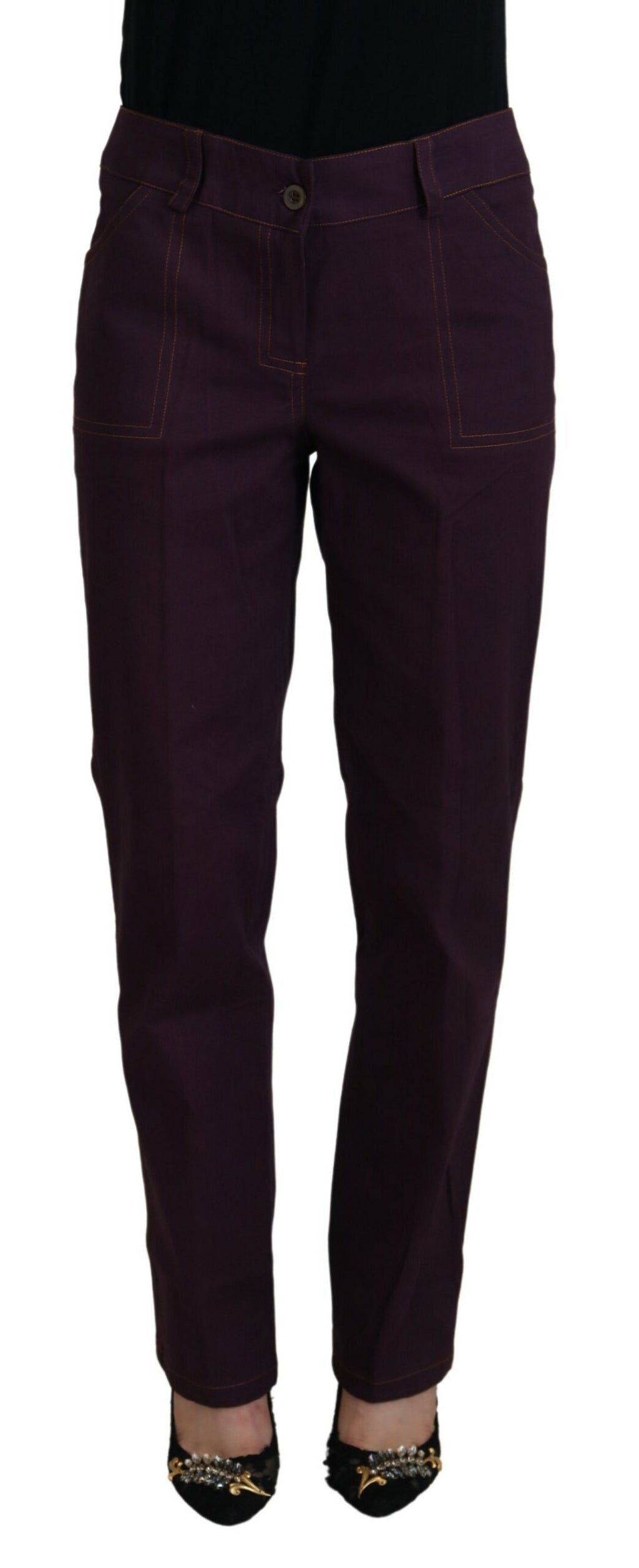 Lila High Waist Tapered Hose aus Baumwolle für Damen