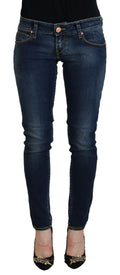 Blaue Low-Waist Skinny Damen-Jeans aus Baumwolle