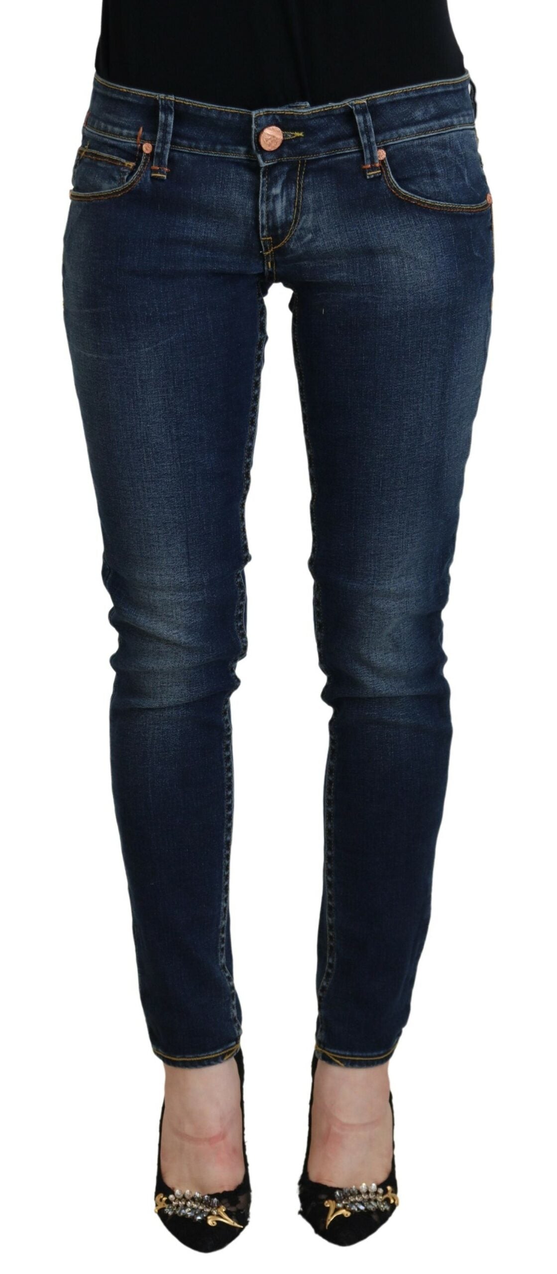 Blaue Low-Waist Skinny Damen-Jeans aus Baumwolle