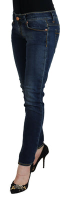 Blaue Low-Waist Skinny Damen-Jeans aus Baumwolle