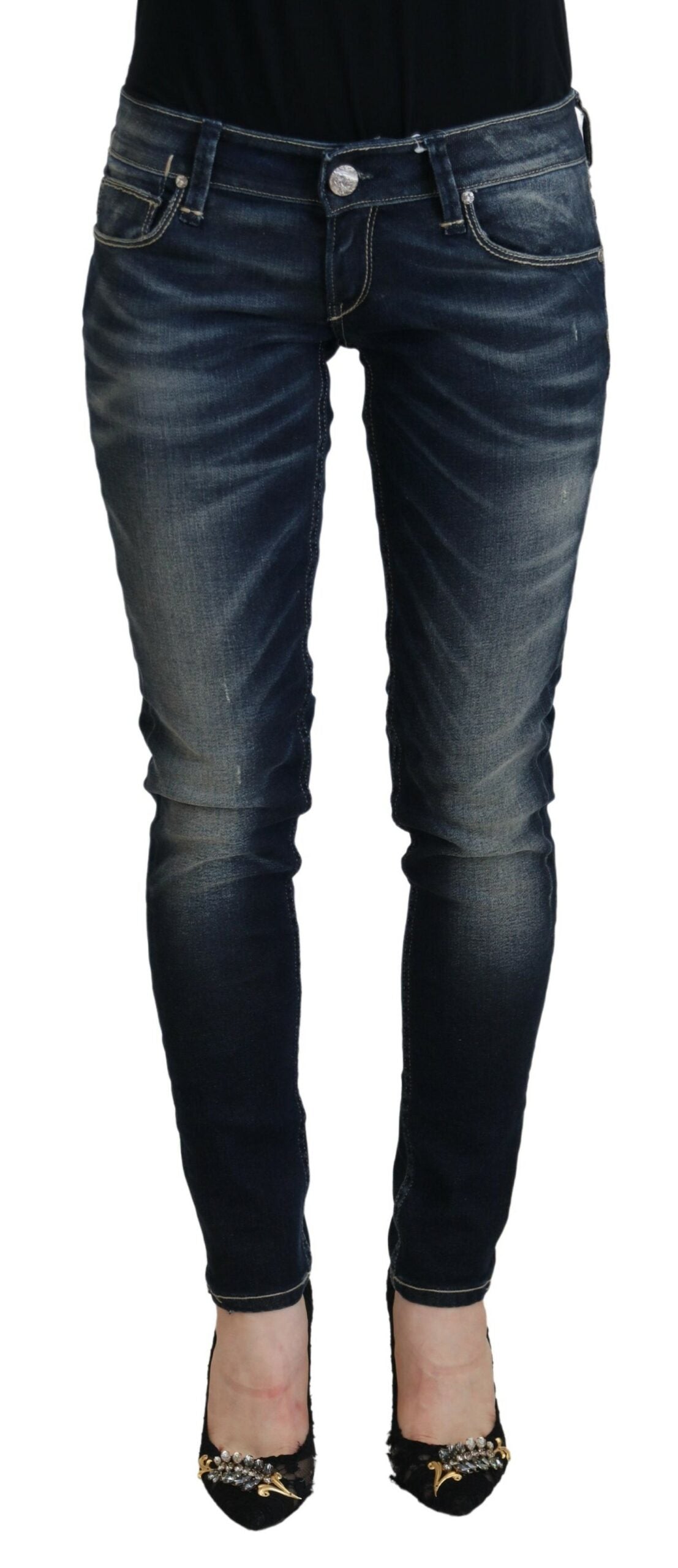 Damen-Denim-Jeans, schmal geschnitten, aus ausgewaschener Baumwolle in Blau