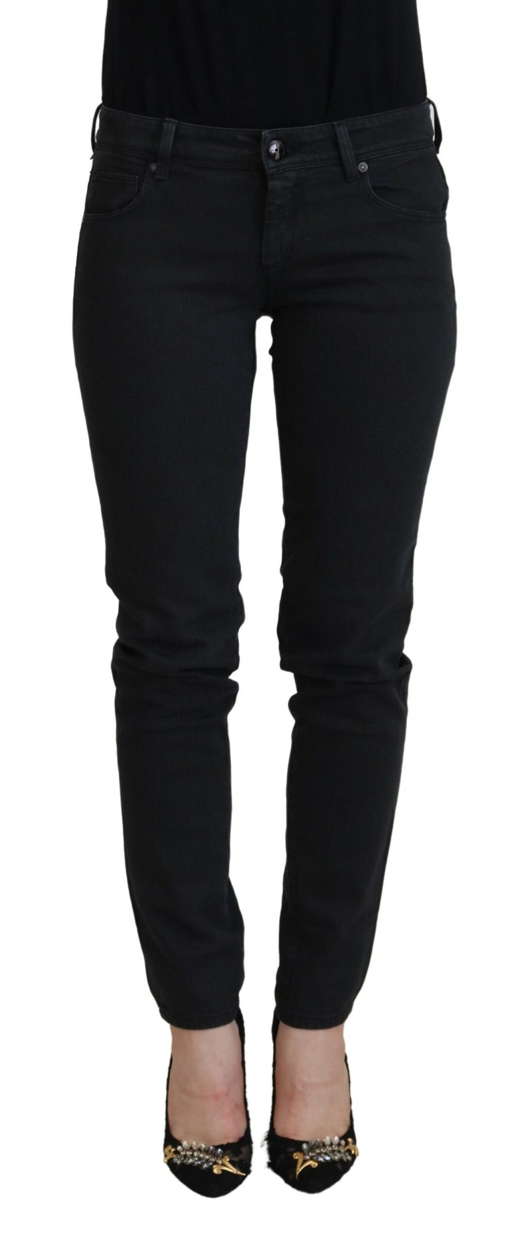 Schwarze, schmal geschnittene Damenjeans aus Baumwoll-Denim