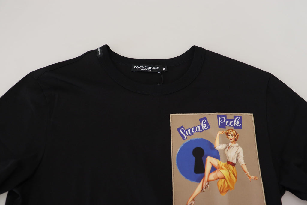 Schwarzes Baumwoll-T-Shirt mit kurzen Ärmeln „Sneak Peek“