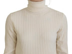 Elfenbeinfarbener Rollkragenpullover mit ausgefransten Ärmelbündchen