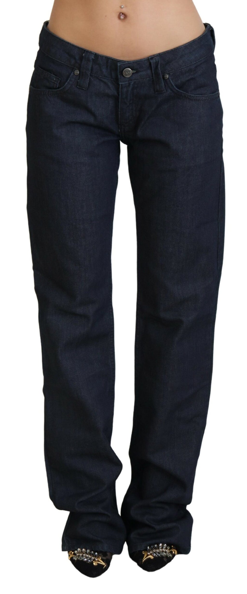 Dunkelblaue Low Waist Straight Fit Damen-Jeans