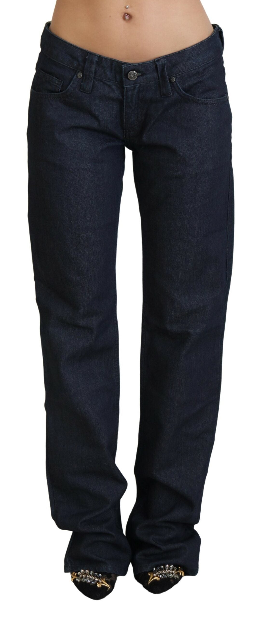 Dunkelblaue Low Waist Straight Fit Damen-Jeans
