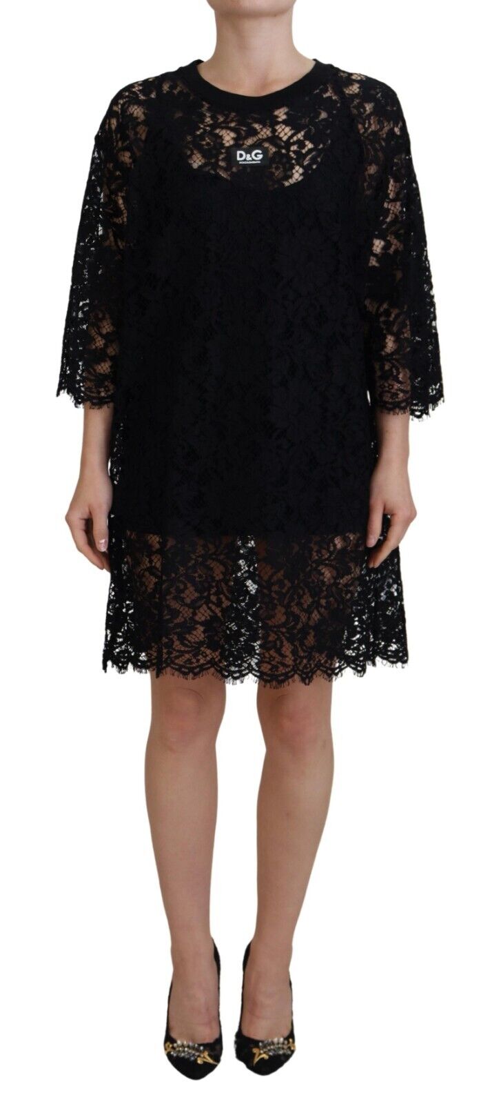 Schwarzes Blumen-Spitzen-Baumwoll-Shift-Minikleid