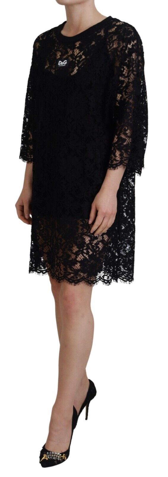 Schwarzes Blumen-Spitzen-Baumwoll-Shift-Minikleid