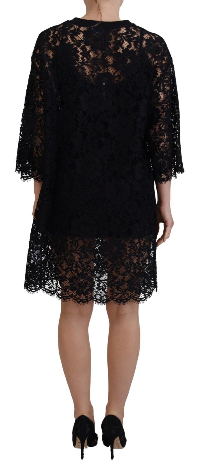 Schwarzes Blumen-Spitzen-Baumwoll-Shift-Minikleid
