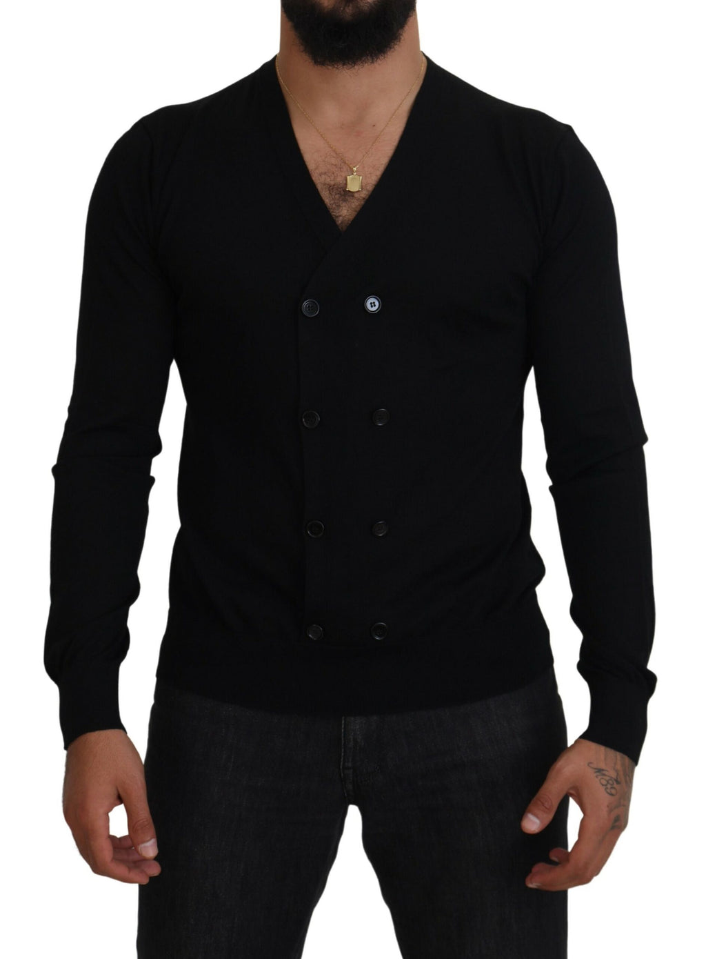 Schwarze Kaschmir-Strickjacke mit Knöpfen