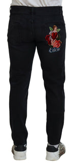 Black Angel Embroidery Skinny Denim Jeans