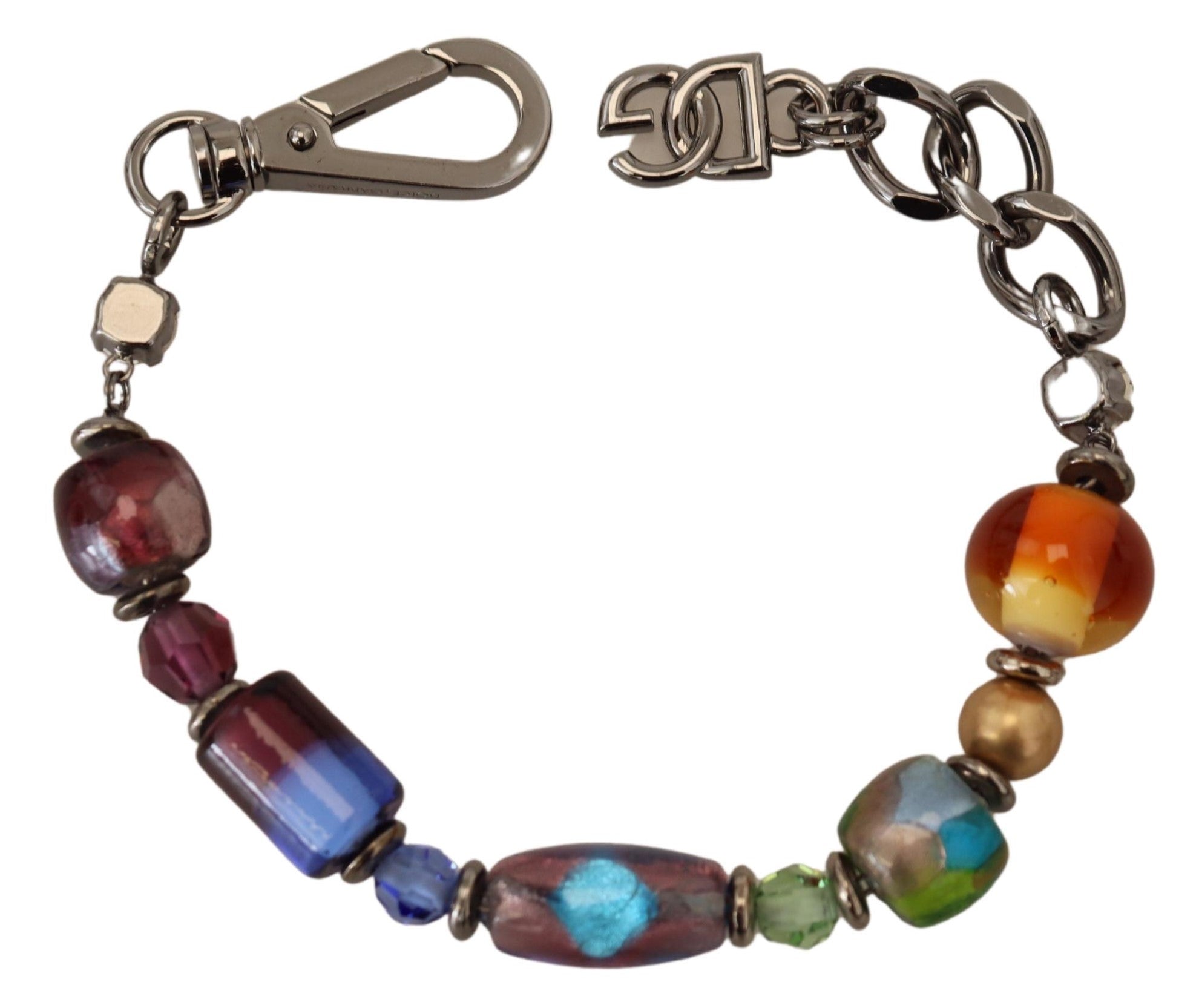 Mehrfarbiges Messing-Perlenarmband mit Karabinerverschluss und silberner Kette