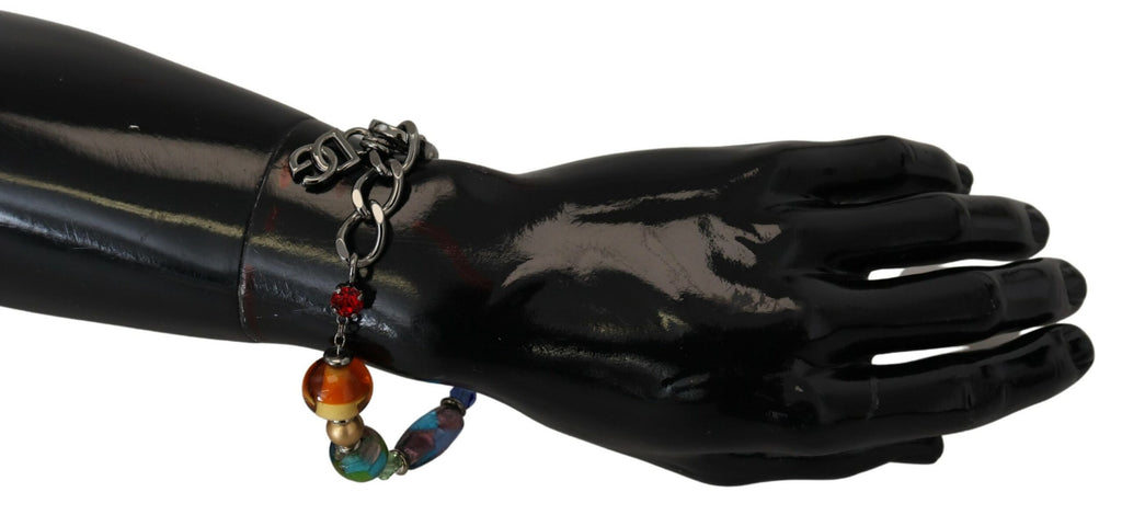 Mehrfarbiges Messing-Perlenarmband mit Karabinerverschluss und silberner Kette