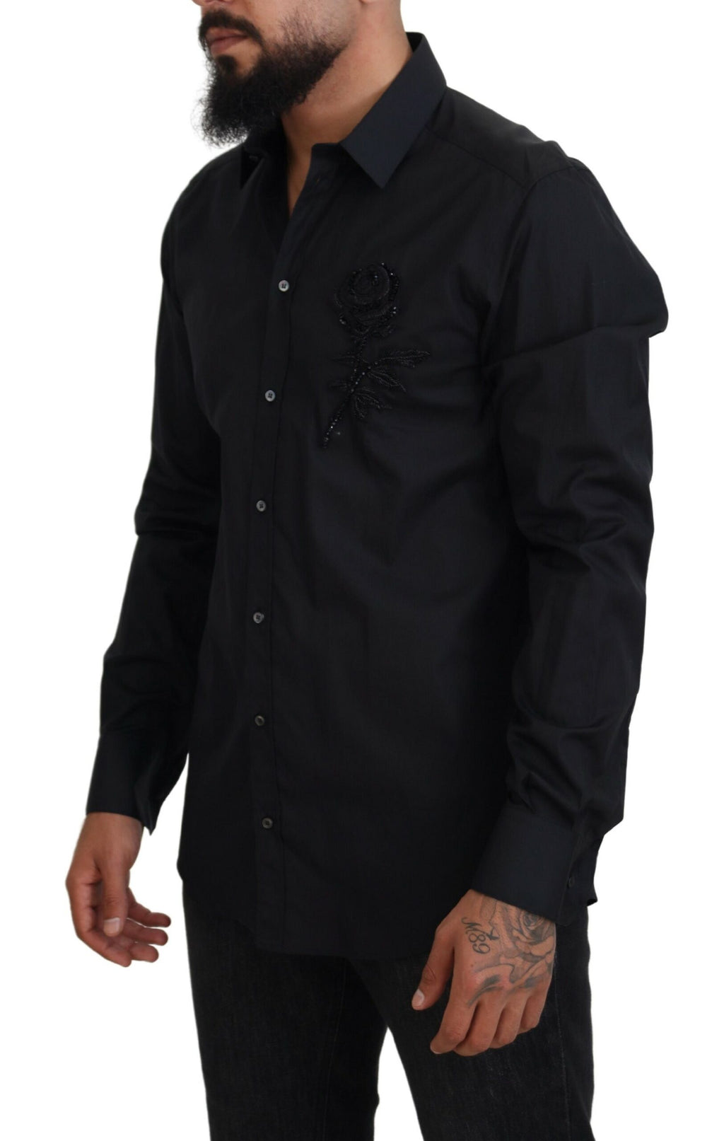 Schwarzes Slim-Fit Baumwollhemd mit Rosenmuster