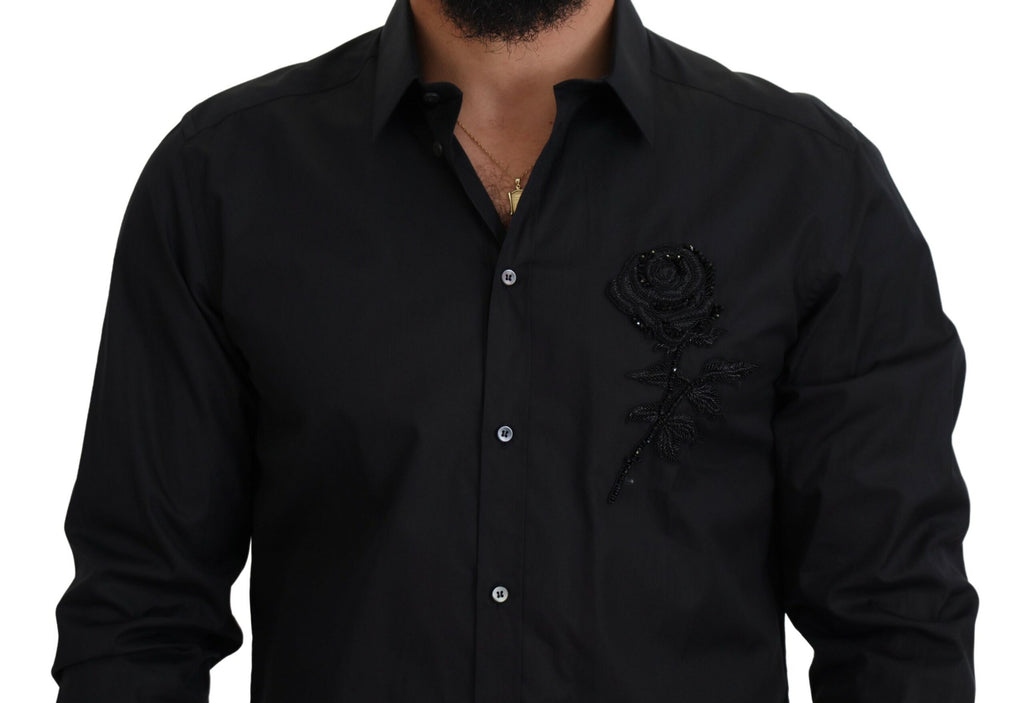Schwarzes Slim-Fit Baumwollhemd mit Rosenmuster