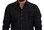 Schwarzes Slim-Fit Baumwollhemd mit Rosenmuster