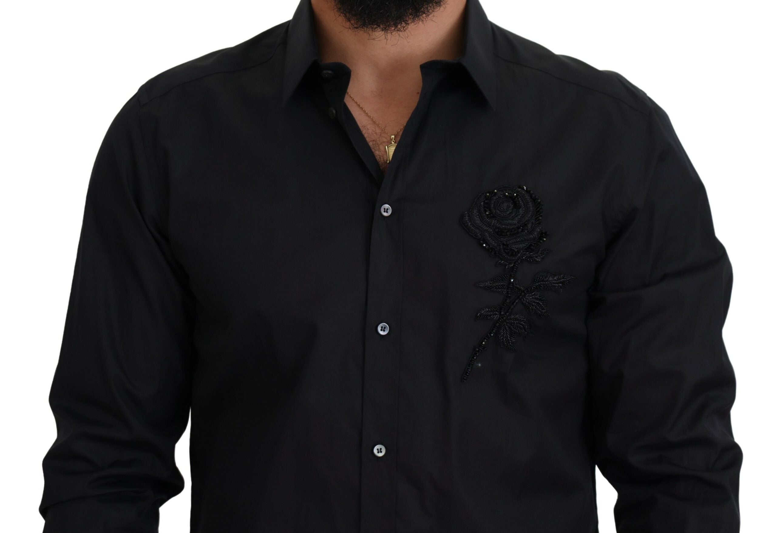 Schwarzes Slim-Fit Baumwollhemd mit Rosenmuster