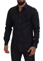 Schwarzes Slim-Fit Baumwollhemd mit Rosenmuster