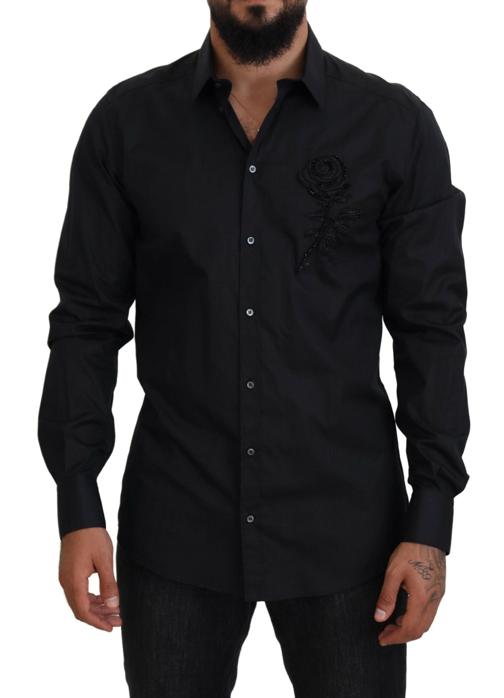Schwarzes Slim-Fit Baumwollhemd mit Rosenmuster