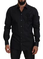Schwarzes Slim-Fit Baumwollhemd mit Rosenmuster