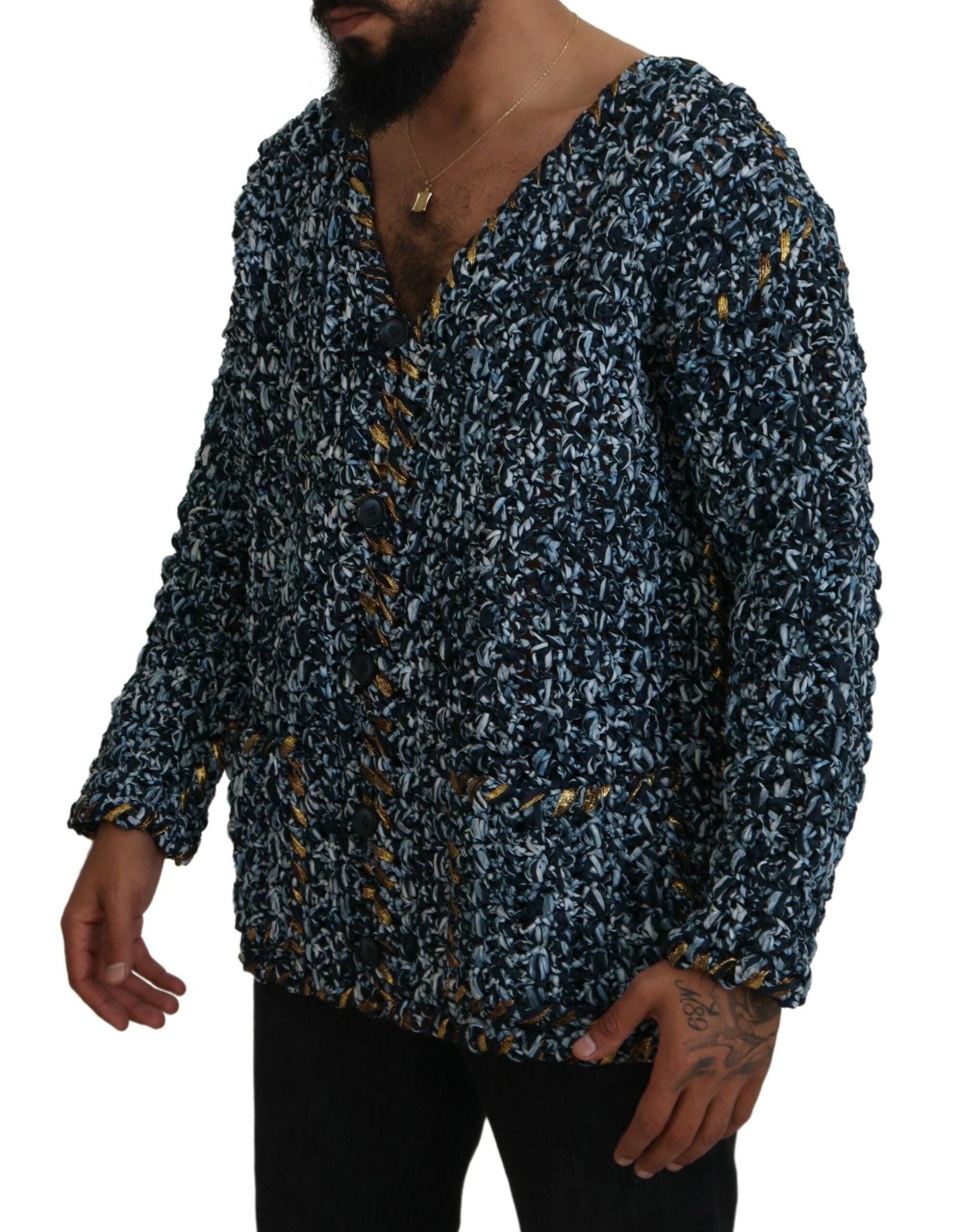 Blue Button Cardigan Handgestrickter Pullover
