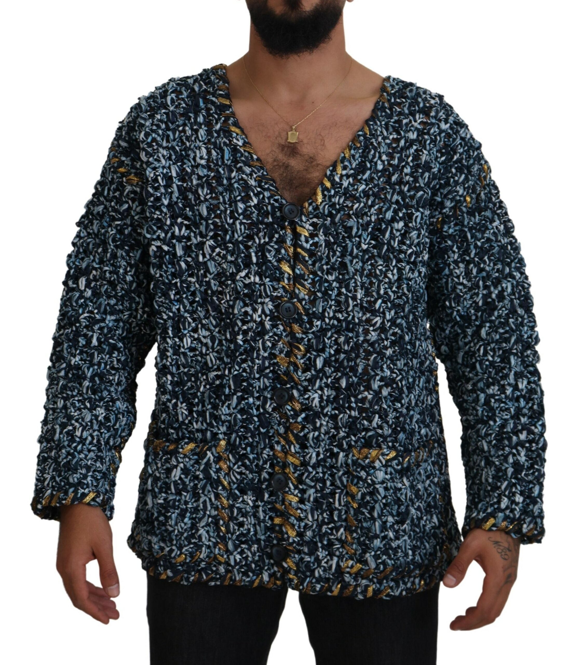 Blue Button Cardigan Handgestrickter Pullover