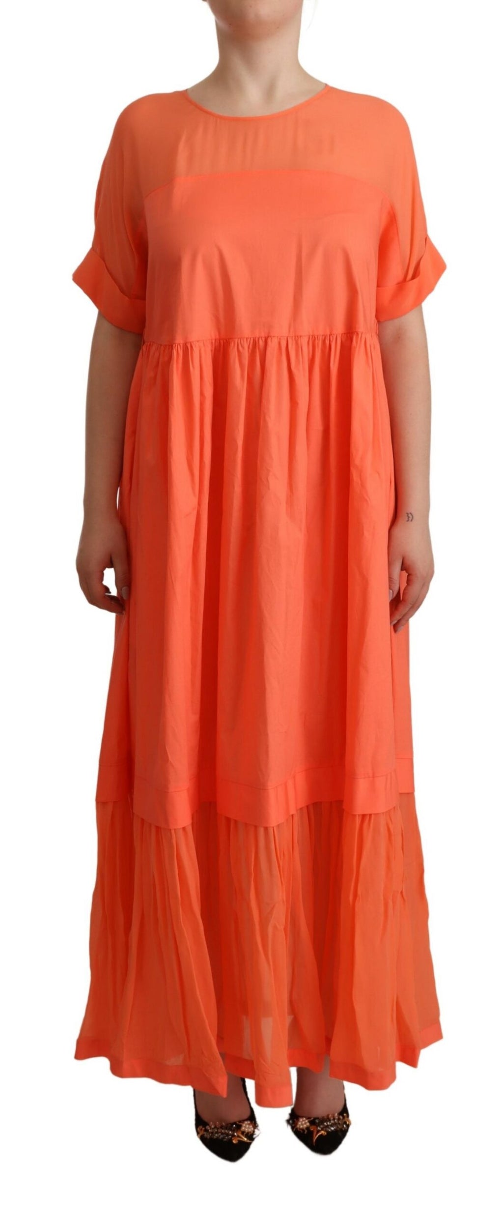 Korallenfarbenes Baumwollmischgewebe Maxi-Shift-Kleid mit kurzen Ärmeln