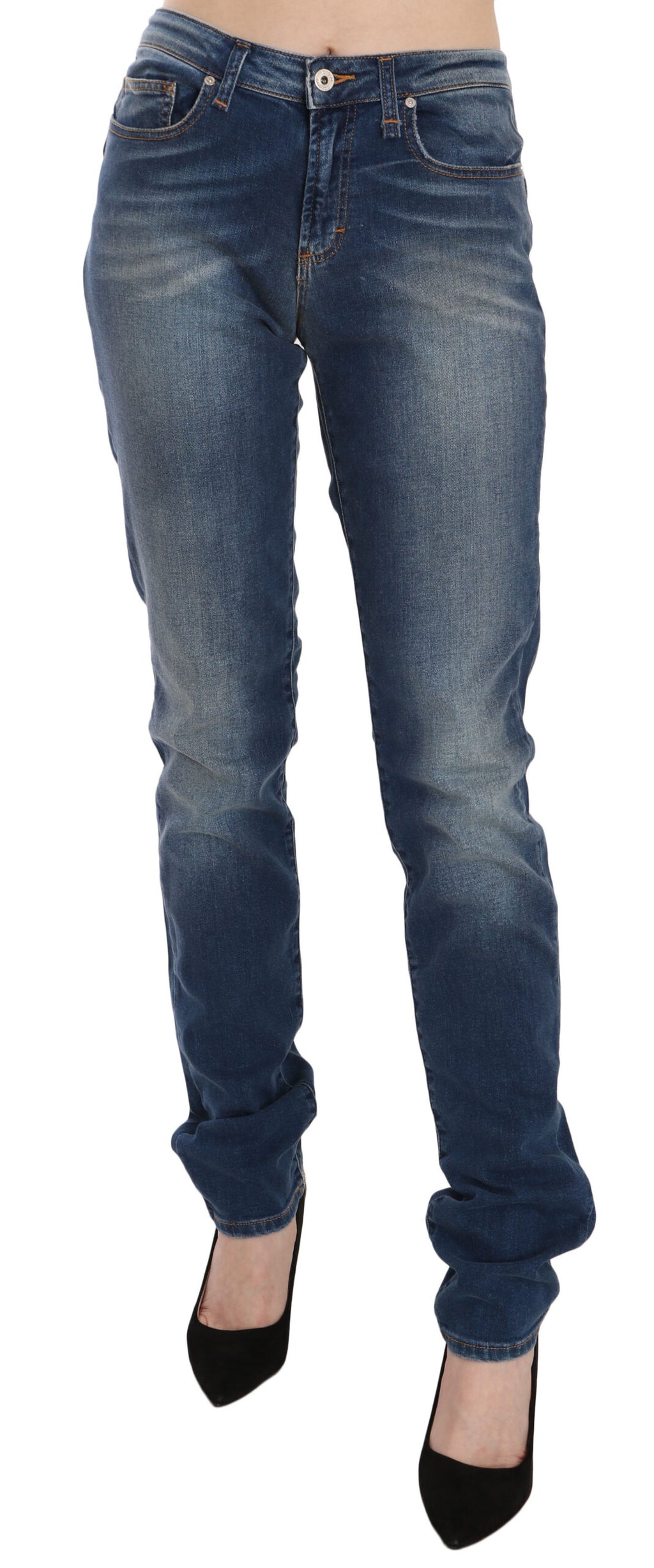 Blaue Jeans mit mittlerer Leibhöhe und schmaler Passform, Used-Look