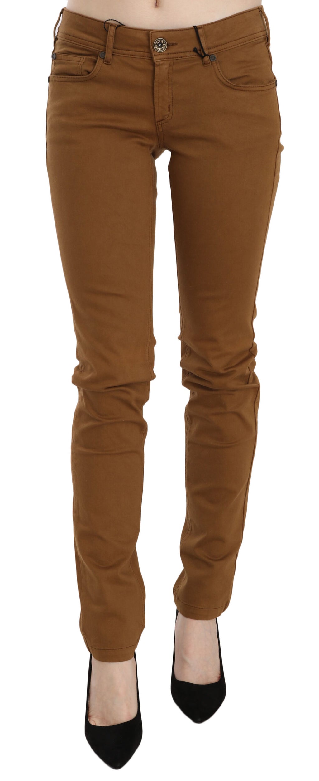Braune Baumwolle Mid Waist Skinny Slim Fit Denim Jeans