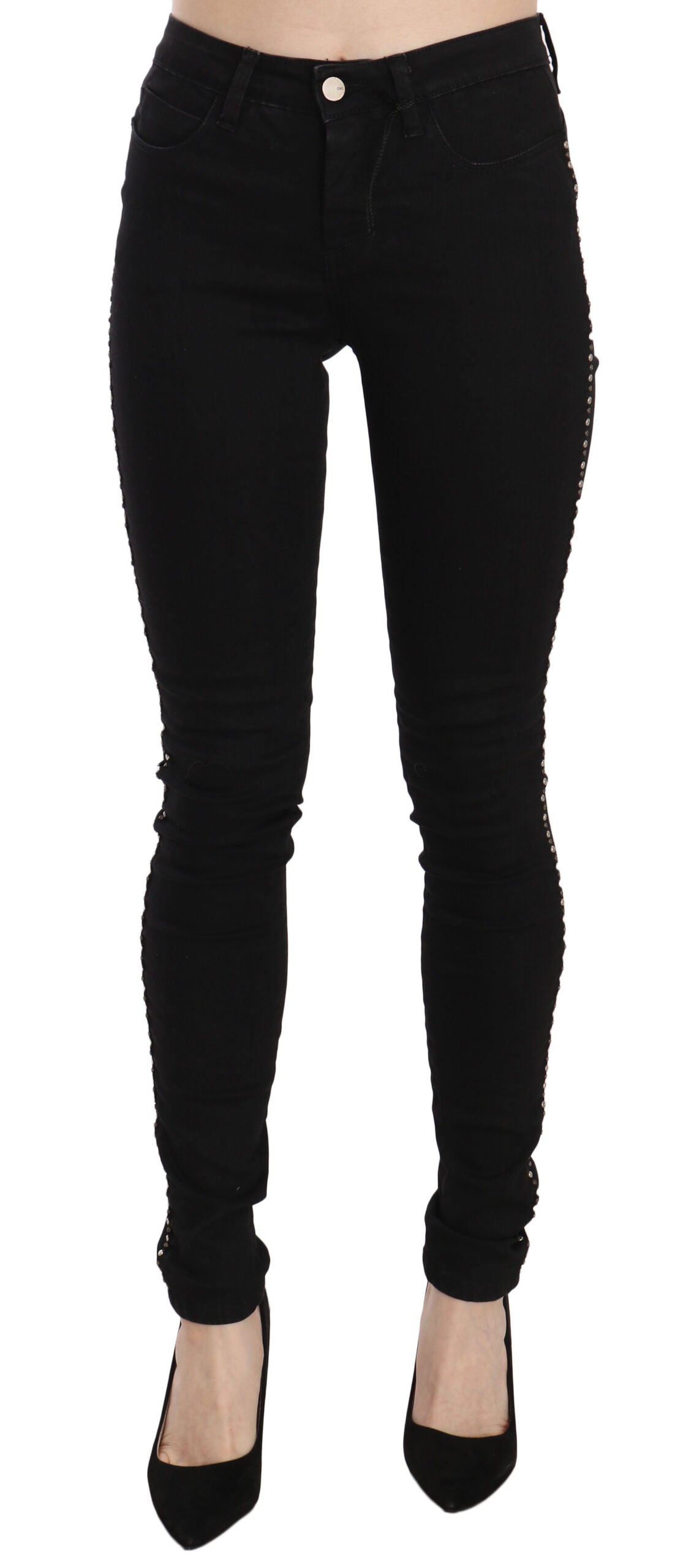 Schwarze verzierte Skinny Jeans mit mittlerer Leibhöhe