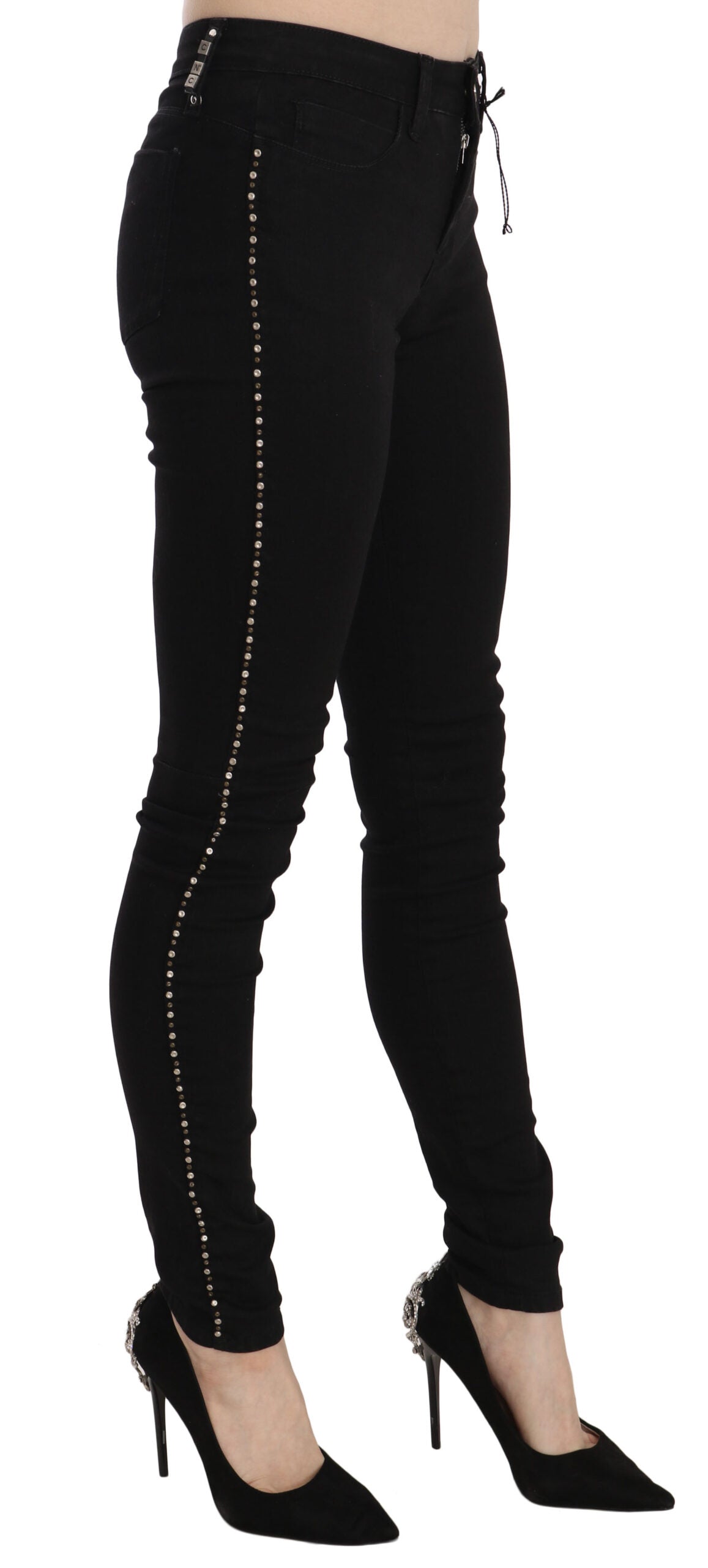 Schwarze verzierte Skinny Jeans mit mittlerer Leibhöhe