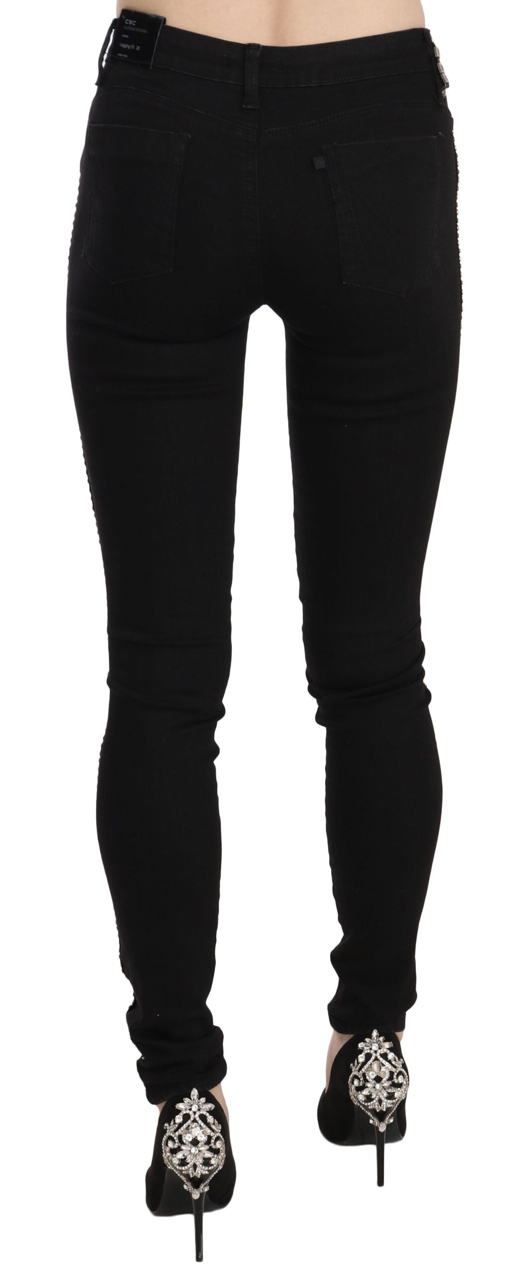 Schwarze verzierte Skinny Jeans mit mittlerer Leibhöhe