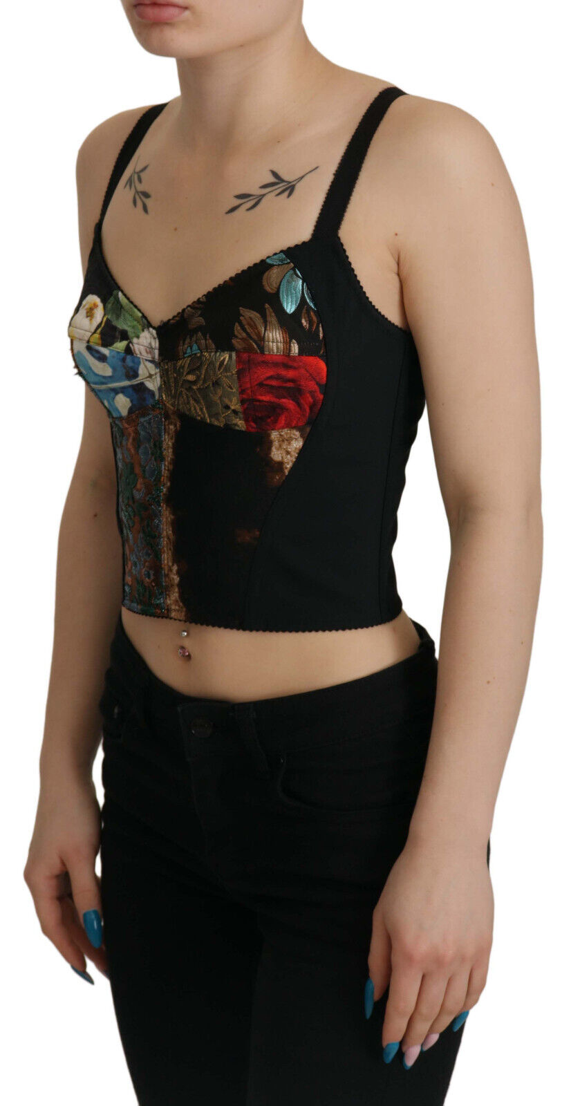Schwarze Patchwork-Bluse Sicily Korsett Cropped Top