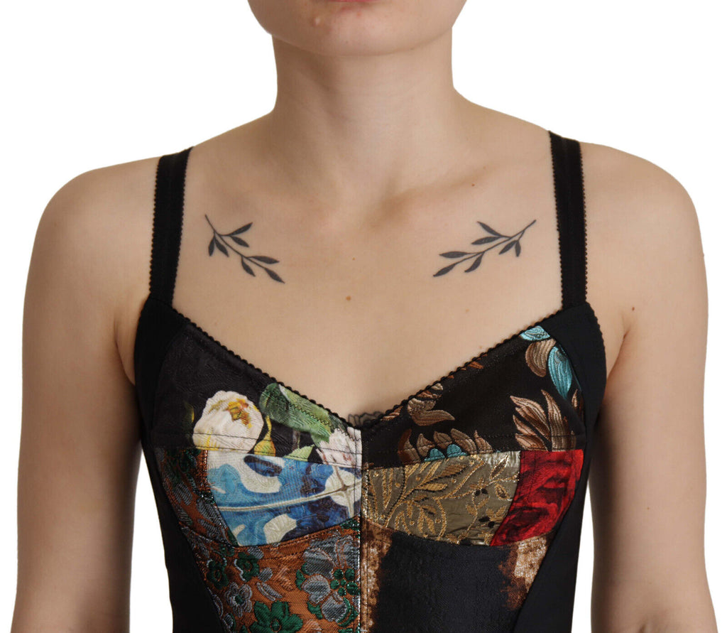 Schwarze Patchwork-Bluse Sicily Korsett Cropped Top
