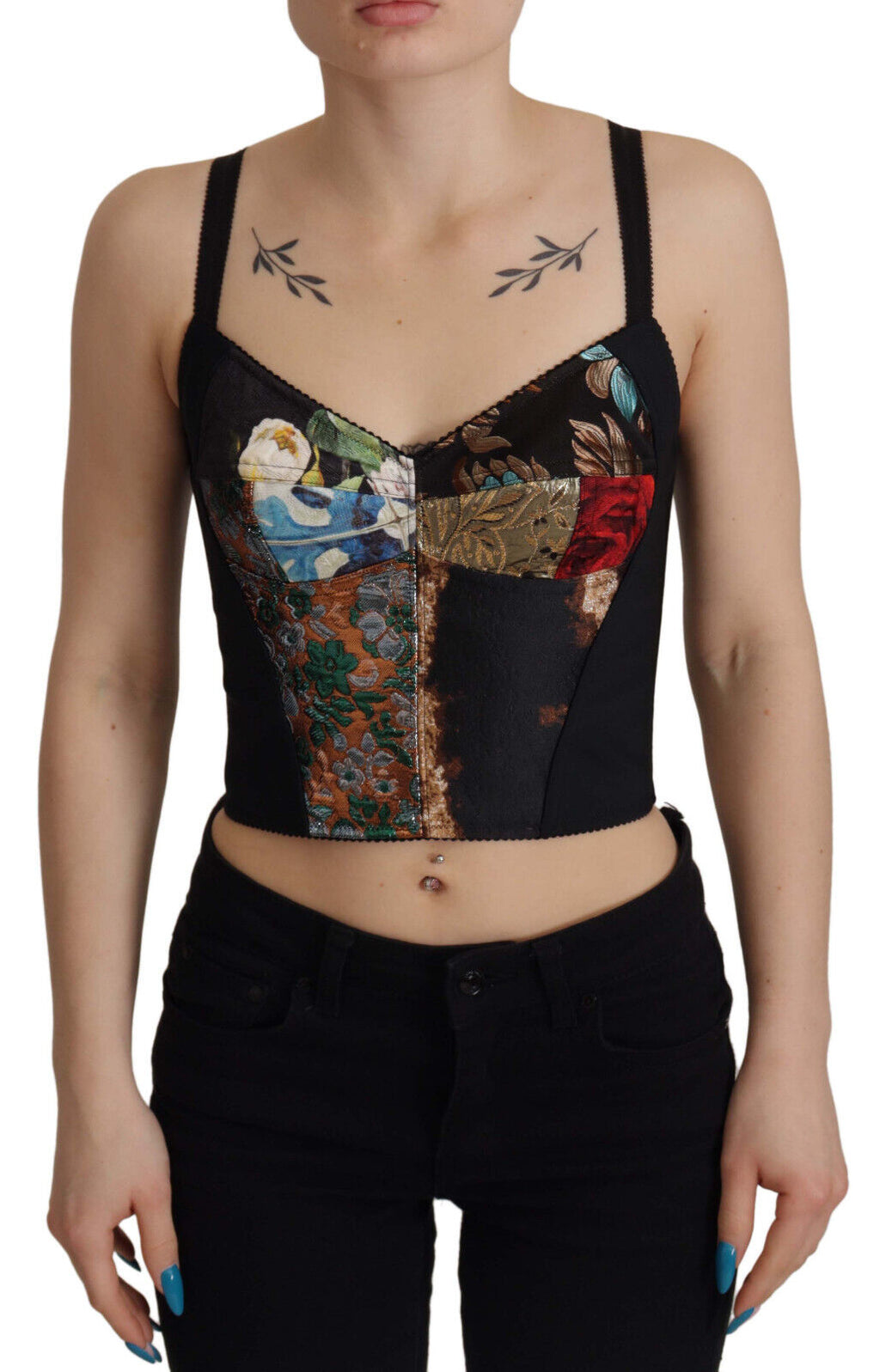 Schwarze Patchwork-Bluse Sicily Korsett Cropped Top