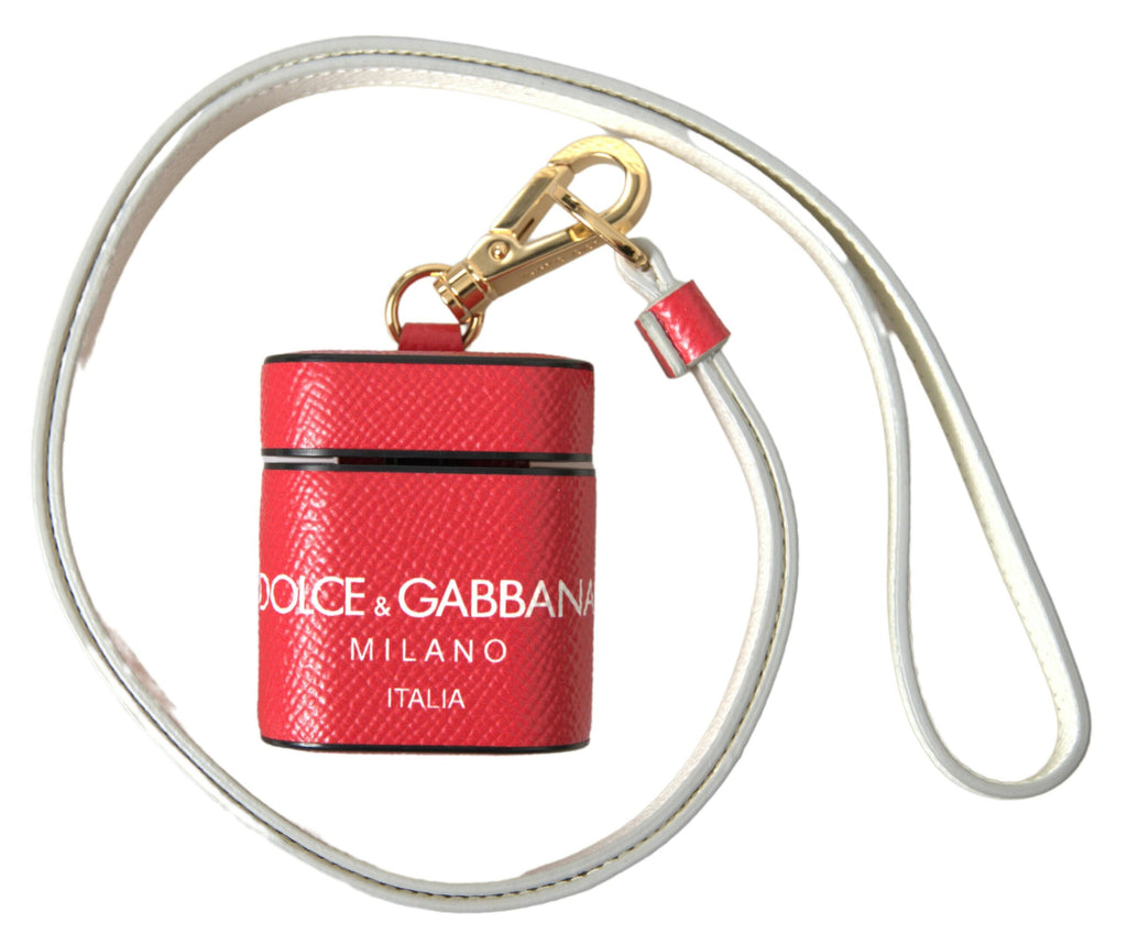 Airpods Hülle aus rotem Leder mit goldfarbenem Metall-Logo-Print-Band