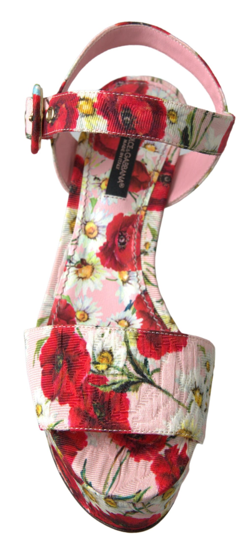 Keilabsatzsandalen mit mehrfarbigem Blumenprint und Knöchelriemen