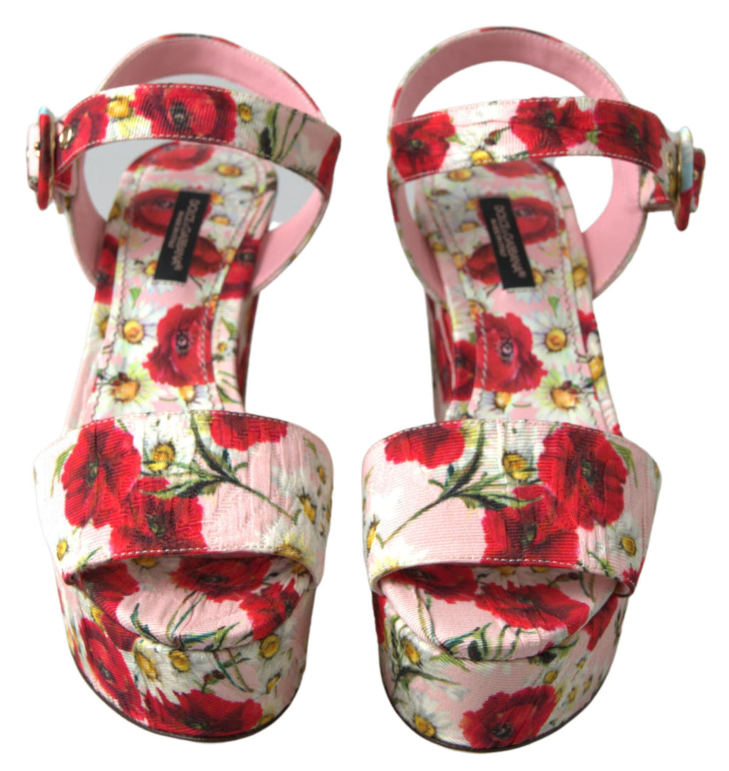 Keilabsatzsandalen mit mehrfarbigem Blumenprint und Knöchelriemen