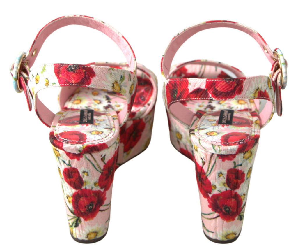 Keilabsatzsandalen mit mehrfarbigem Blumenprint und Knöchelriemen