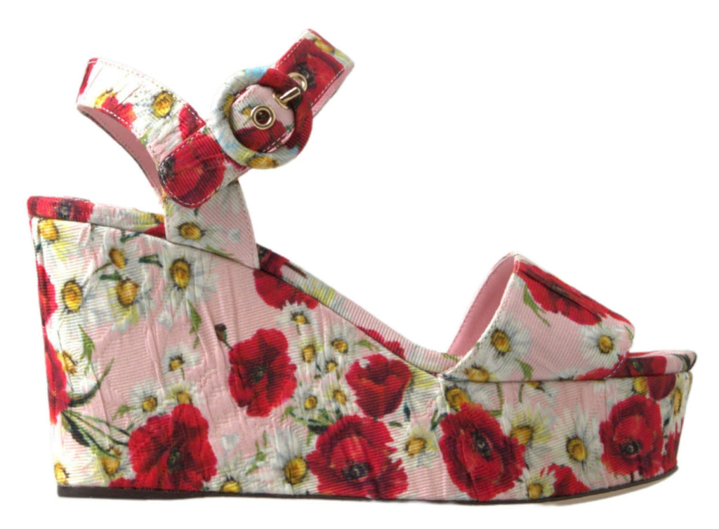 Keilabsatzsandalen mit mehrfarbigem Blumenprint und Knöchelriemen