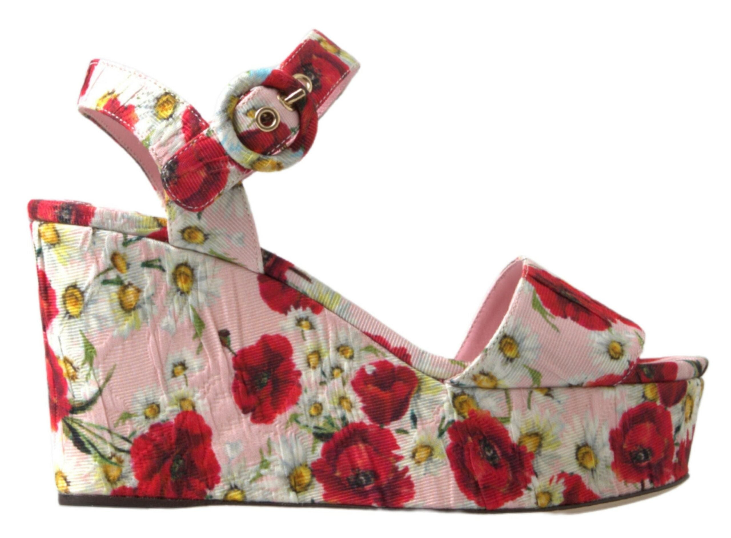Keilabsatzsandalen mit mehrfarbigem Blumenprint und Knöchelriemen